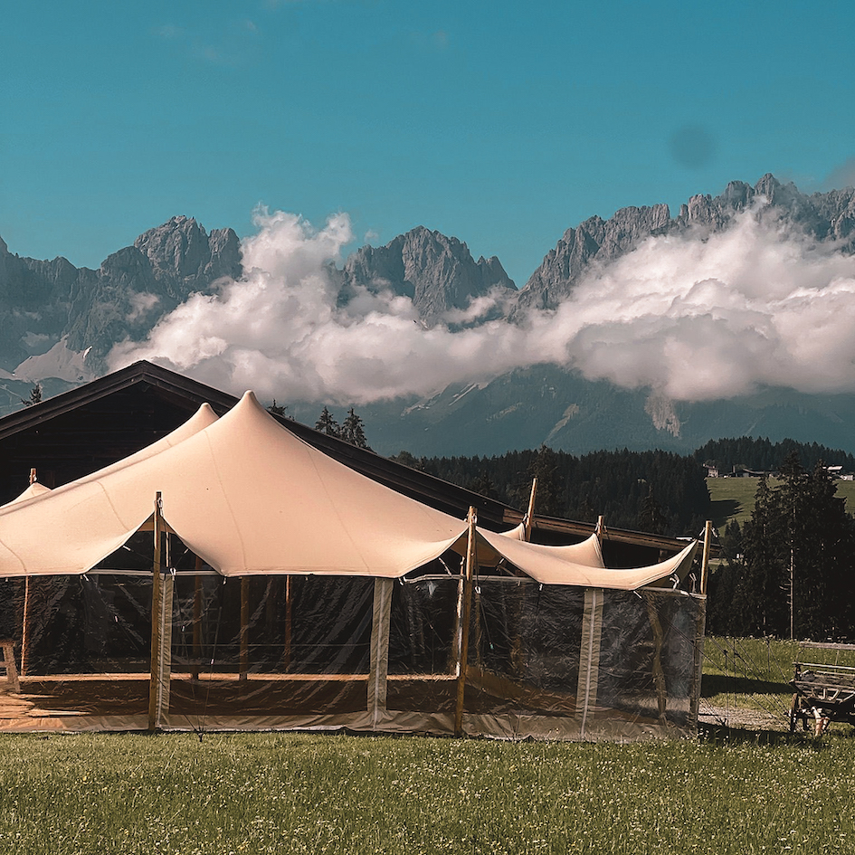 Stretchzelt - 10x12 m (120 qm) - sand/white